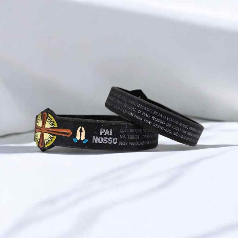 - Pulseira cristã de silicone com oração de fé e símbolos religiosos cristãos.