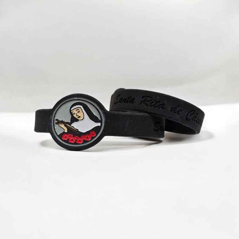 Bracelete de silicone com imagem religiosa Santa Rita de Cássia.| Pulseira de silicone com símbolo de Santa Rita, ideal para fé e proteção religiosa. | Pulseira de silicone preta com imagem de Santa Rita de Cássia, perfeita para quem busca fé e proteção, disponível em loja online SuperPulseiras.