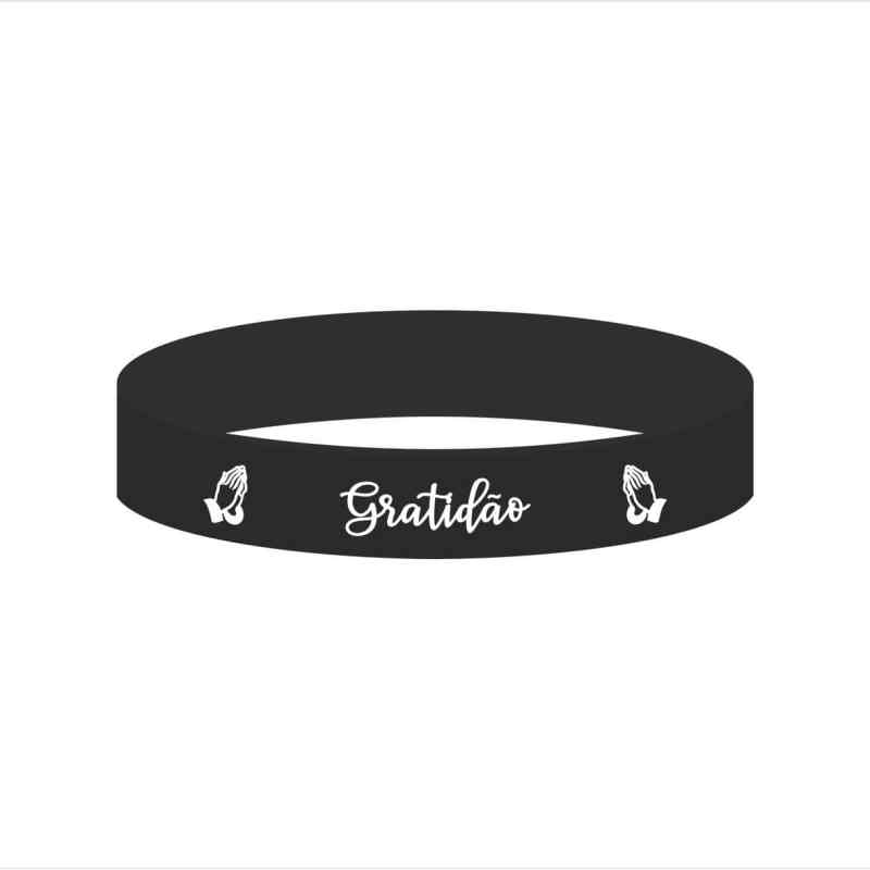 Pulseira de silicone preta com expressão de gratidão e símbolos de oração, ideal para moda e positividade.